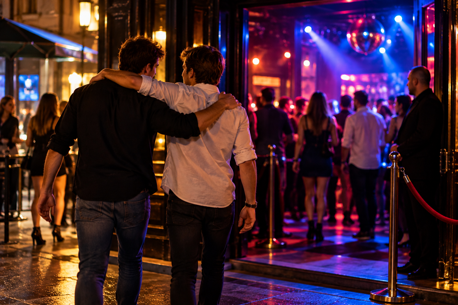 Due amici davanti a una discoteca